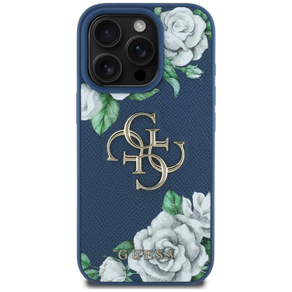 Puzdro pre Apple iPhone 16 Pro, Guess, 4G Grained Roses Big Logo, Modrá