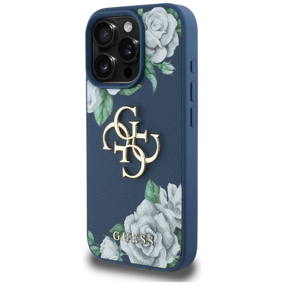 Puzdro pre Apple iPhone 16 Pro, Guess, 4G Grained Roses Big Logo, Modrá