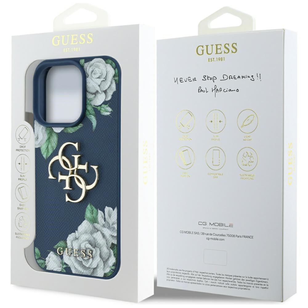 Puzdro pre Apple iPhone 16 Pro, Guess, 4G Grained Roses Big Logo, Modrá