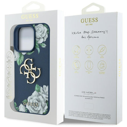 Puzdro pre Apple iPhone 16 Pro, Guess, 4G Grained Roses Big Logo, Modrá