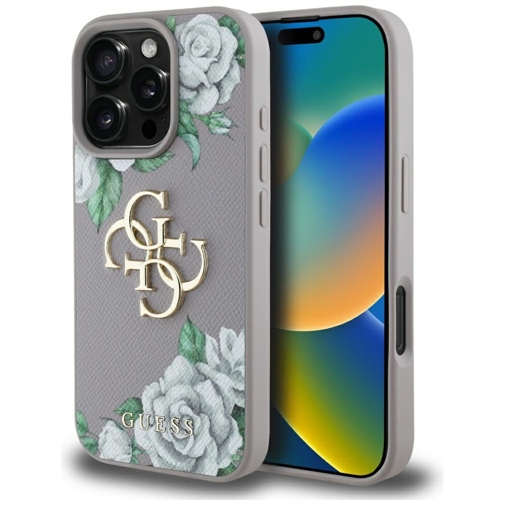 Puzdro pre Apple iPhone 16 Pro, Guess, 4G Grained Roses Big Logo, Fialové