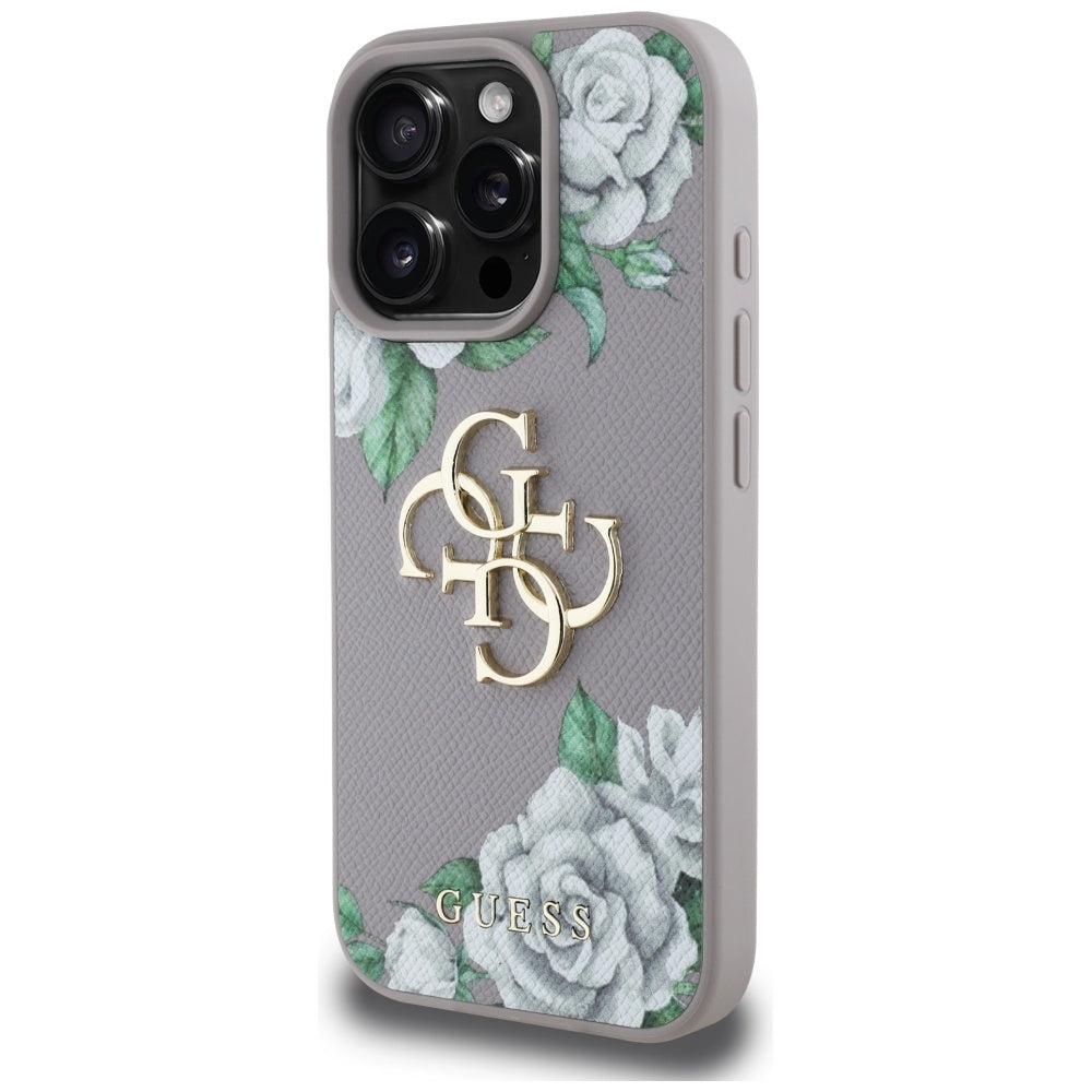 Puzdro pre Apple iPhone 16 Pro, Guess, 4G Grained Roses Big Logo, Fialové
