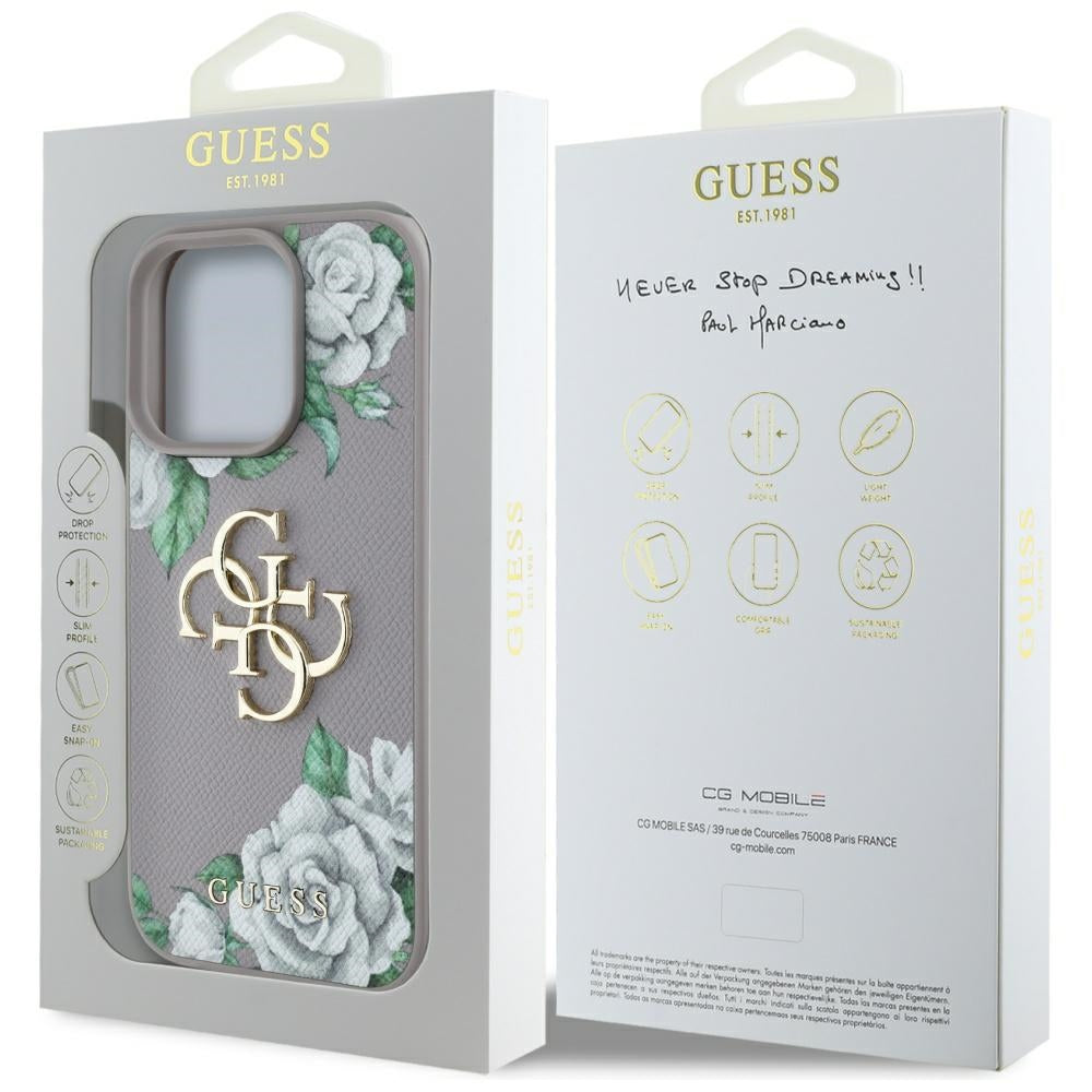 Puzdro pre Apple iPhone 16 Pro, Guess, 4G Grained Roses Big Logo, Fialové
