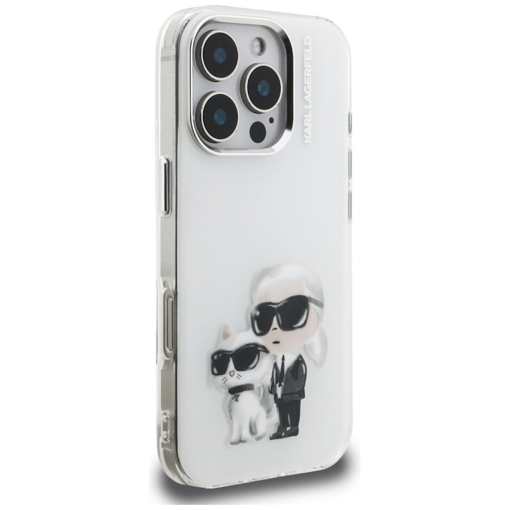 Puzdro pre Apple iPhone 16 Pro, Karl Lagerfeld, IML Aquarelle Logo Karl & Choupette, Biela