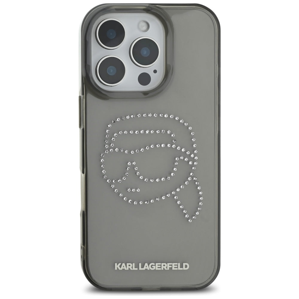 Puzdro pre Apple iPhone 16 Pro, Karl Lagerfeld, IML Rhinestones Karl's Head, Čierne