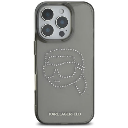Puzdro pre Apple iPhone 16 Pro, Karl Lagerfeld, IML Rhinestones Karl's Head, Čierne