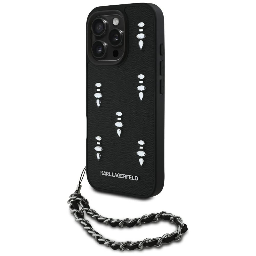 Puzdro pre Apple iPhone 16 Pro, Karl Lagerfeld, Saffiano Crystals & Charm, Čierne