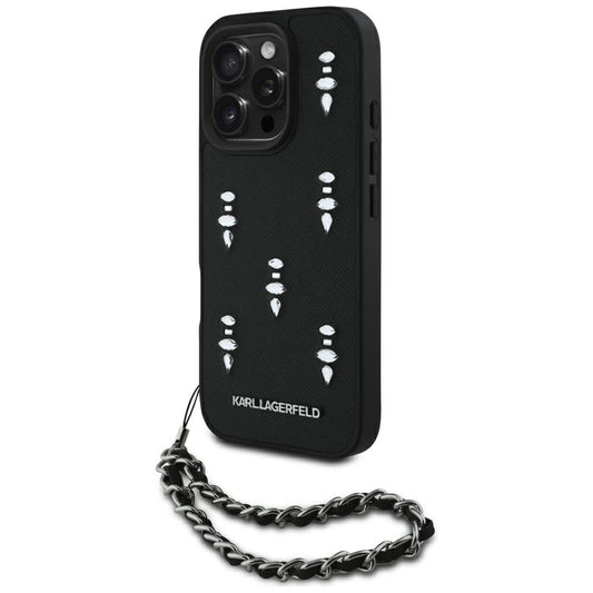 Puzdro pre Apple iPhone 16 Pro, Karl Lagerfeld, Saffiano Crystals & Charm, Čierne