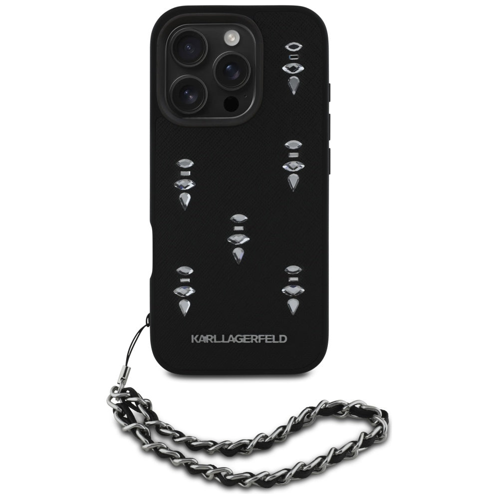 Puzdro pre Apple iPhone 16 Pro, Karl Lagerfeld, Saffiano Crystals & Charm, Čierne