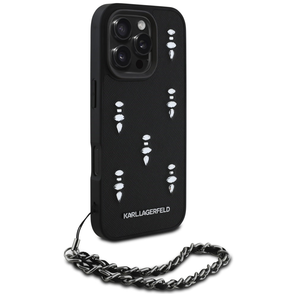 Puzdro pre Apple iPhone 16 Pro, Karl Lagerfeld, Saffiano Crystals & Charm, Čierne