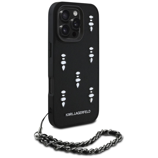 Puzdro pre Apple iPhone 16 Pro, Karl Lagerfeld, Saffiano Crystals & Charm, Čierne