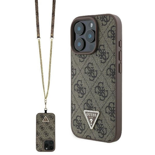 Puzdro pre Apple iPhone 16 Pro Max, Guess, Crossbody 4G Triangle Strass, Hnedé
