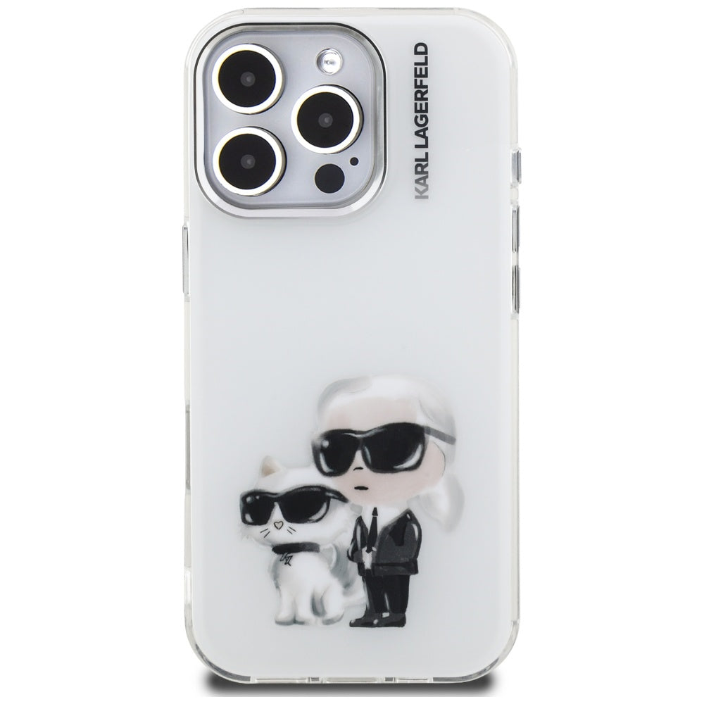 Puzdro pre Apple iPhone 16 Pro Max, Karl Lagerfeld, IML Aquarelle Logo Karl & Choupette, Biela