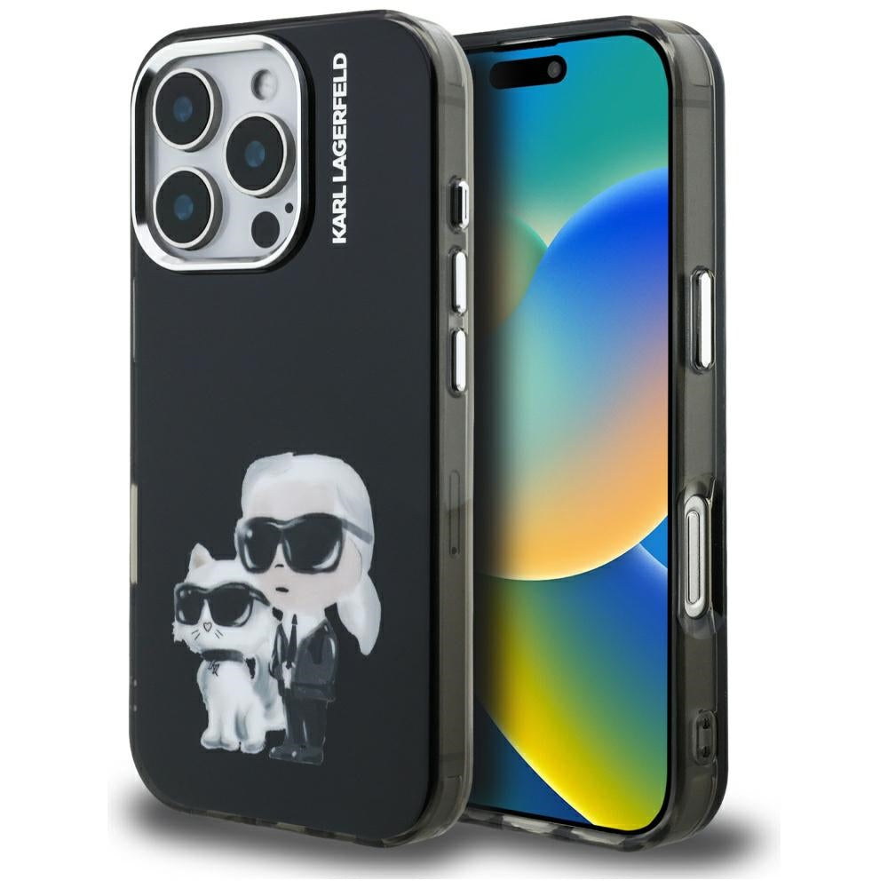 Puzdro pre Apple iPhone 16 Pro Max, Karl Lagerfeld, IML Aquarelle Logo Karl & Choupette, Čierne