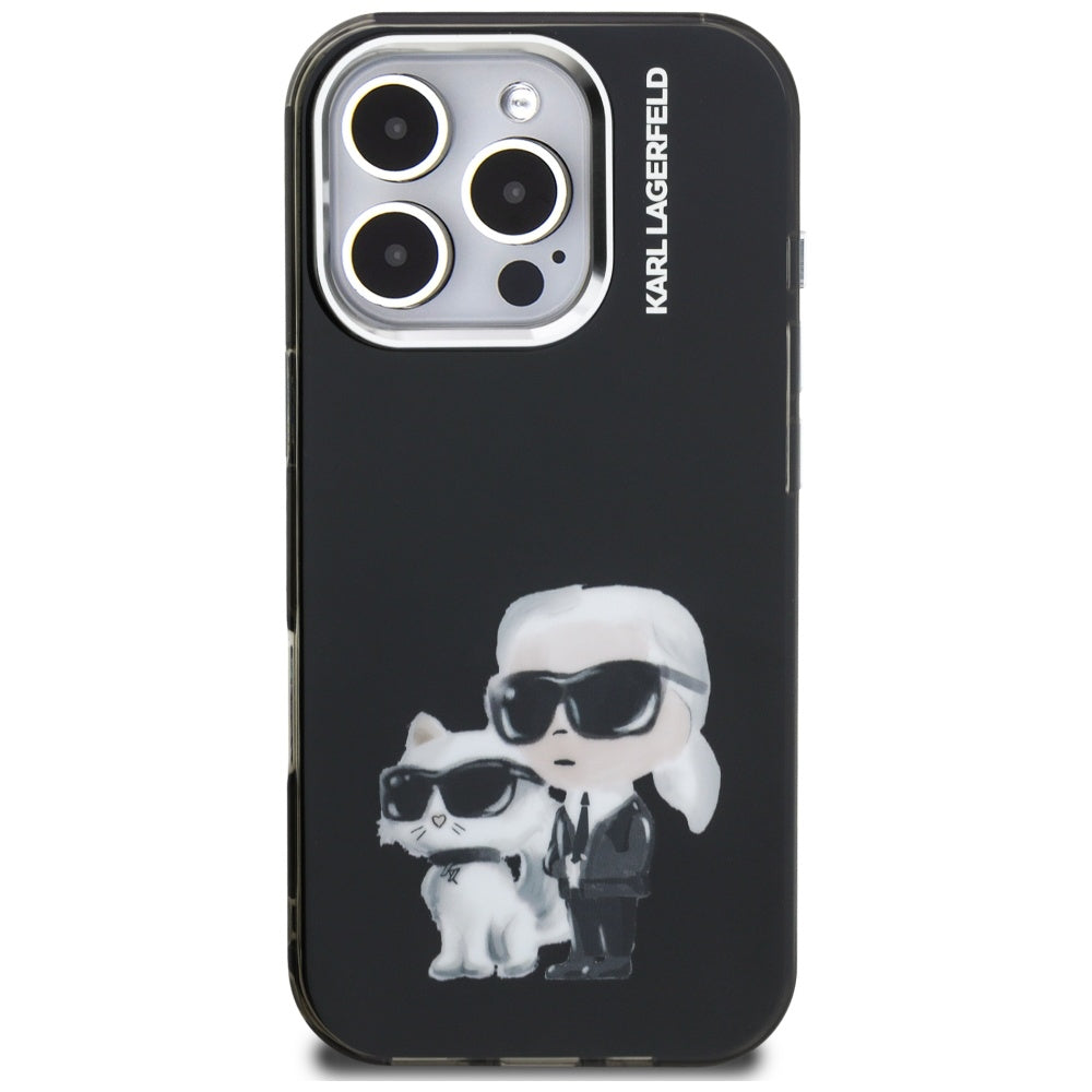 Puzdro pre Apple iPhone 16 Pro Max, Karl Lagerfeld, IML Aquarelle Logo Karl & Choupette, Čierne