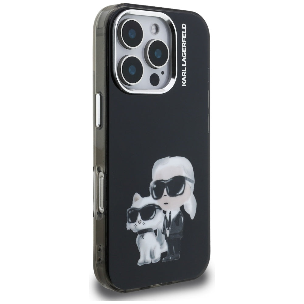 Puzdro pre Apple iPhone 16 Pro Max, Karl Lagerfeld, IML Aquarelle Logo Karl & Choupette, Čierne
