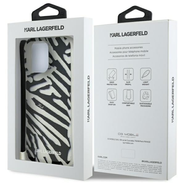 Puzdro pre Apple iPhone 16 Pro Max, Karl Lagerfeld, IML Luxury Zebra Pattern with Strap, Čierne
