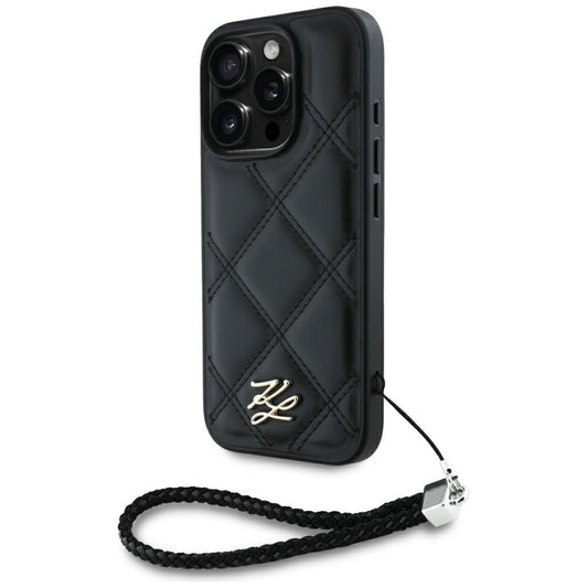 Puzdro pre Apple iPhone 16 Pro Max, Karl Lagerfeld, Quilted Initial Logo & Chain Strap, Čierne