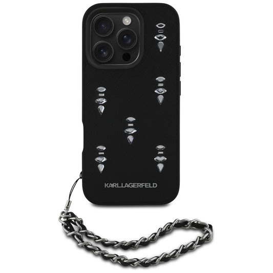 Puzdro pre Apple iPhone 16 Pro Max, Karl Lagerfeld, Saffiano Crystals & Charm, Čierne