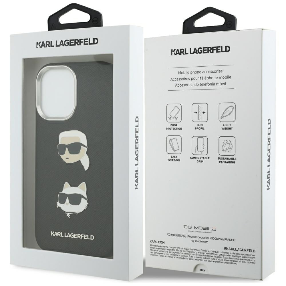Puzdro pre Apple iPhone 17, Karl Lagerfeld, Grained Karl & Choupette's Heads Pins and Logo, Čierne