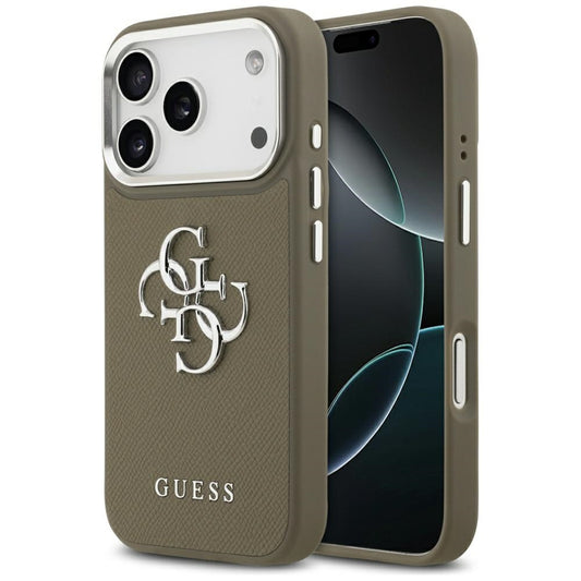 Puzdro pre Apple iPhone 17 Pro, Guess, 4G Grained Big And Classic Logo, Hnedé Strieborné