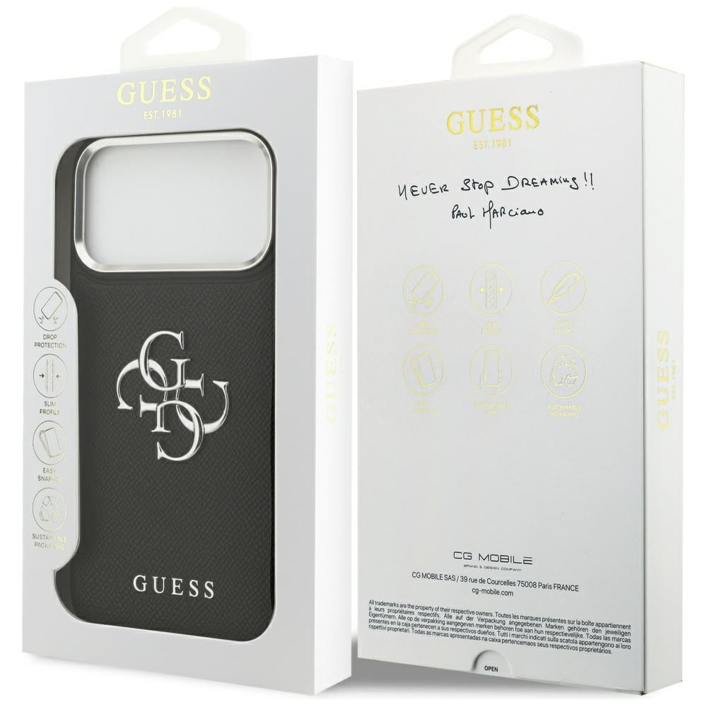 Puzdro pre Apple iPhone 17 Pro, Guess, 4G Grained Big and Classic Logo, Čierno Strieborné