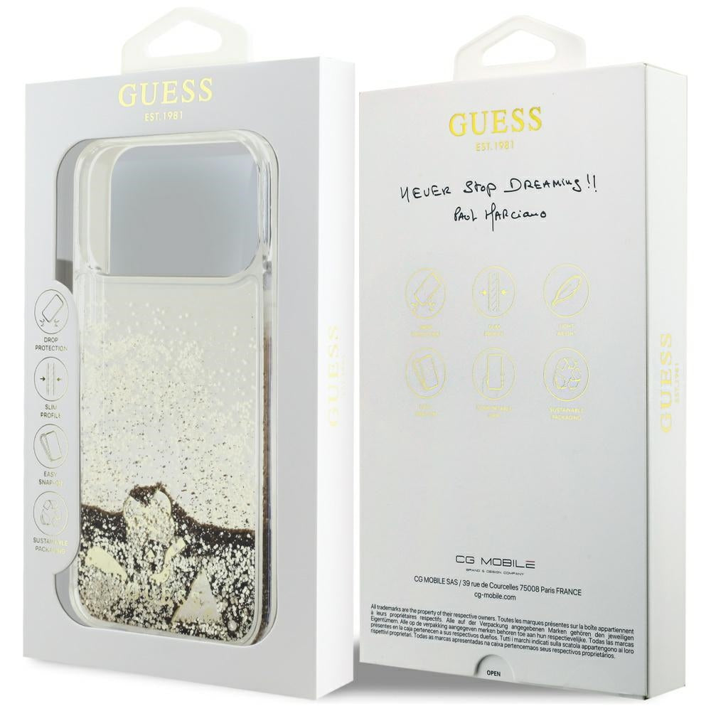 Puzdro pre Apple iPhone 17 Pro, Guess, Liquid Glitter Charms, Zlaté