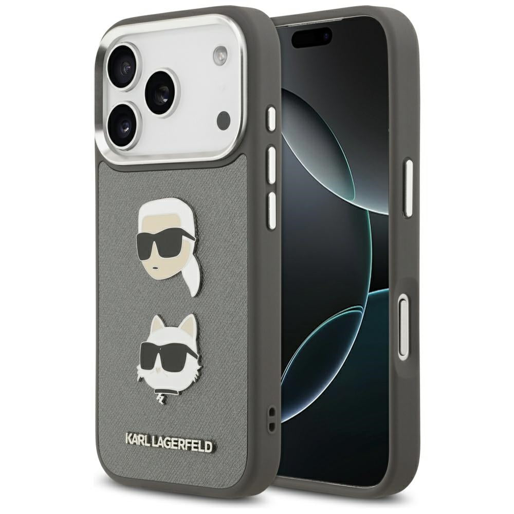 Puzdro pre Apple iPhone 17 Pro, Karl Lagerfeld, Grained Karl & Choupette's Heads Pins and Logo, Sivá