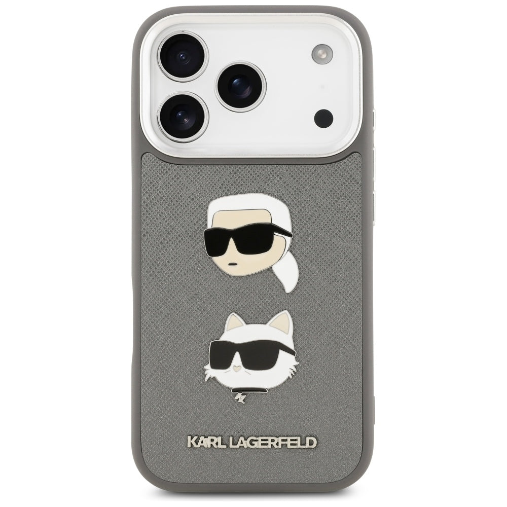 Puzdro pre Apple iPhone 17 Pro, Karl Lagerfeld, Grained Karl & Choupette's Heads Pins and Logo, Sivá
