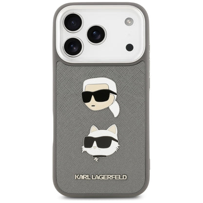 Puzdro pre Apple iPhone 17 Pro, Karl Lagerfeld, Grained Karl & Choupette's Heads Pins and Logo, Sivá