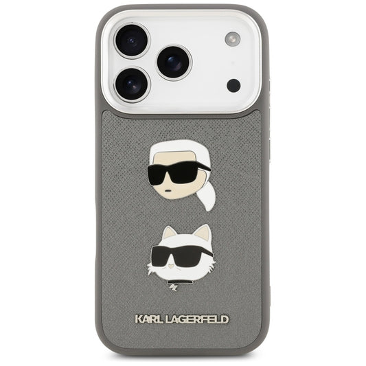 Puzdro pre Apple iPhone 17 Pro, Karl Lagerfeld, Grained Karl & Choupette's Heads Pins and Logo, Sivá
