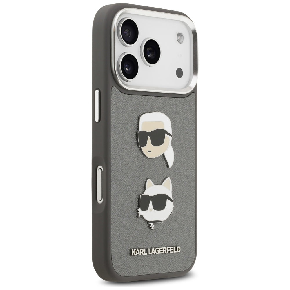 Puzdro pre Apple iPhone 17 Pro, Karl Lagerfeld, Grained Karl & Choupette's Heads Pins and Logo, Sivá