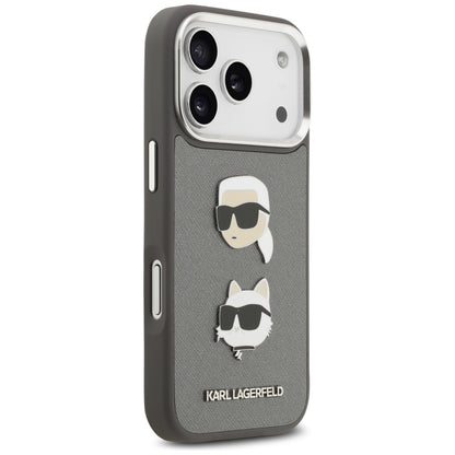 Puzdro pre Apple iPhone 17 Pro, Karl Lagerfeld, Grained Karl & Choupette's Heads Pins and Logo, Sivá