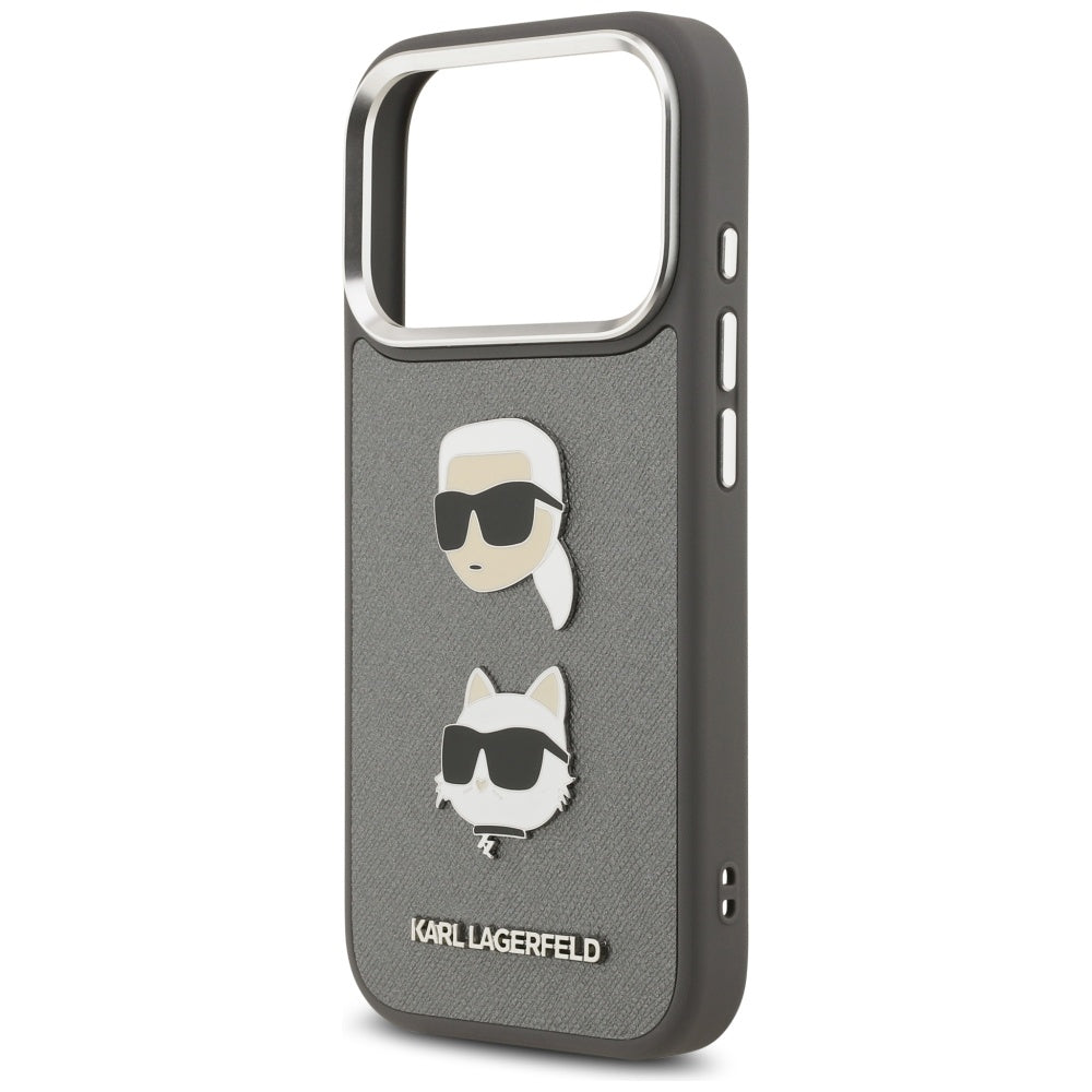Puzdro pre Apple iPhone 17 Pro, Karl Lagerfeld, Grained Karl & Choupette's Heads Pins and Logo, Sivá