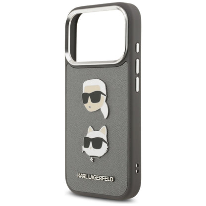 Puzdro pre Apple iPhone 17 Pro, Karl Lagerfeld, Grained Karl & Choupette's Heads Pins and Logo, Sivá