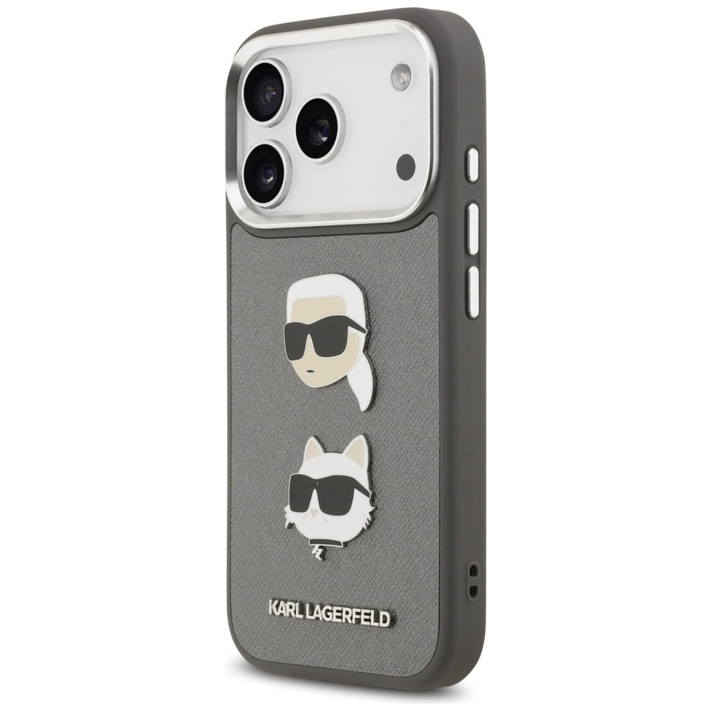 Puzdro pre Apple iPhone 17 Pro, Karl Lagerfeld, Grained Karl & Choupette's Heads Pins and Logo, Sivá