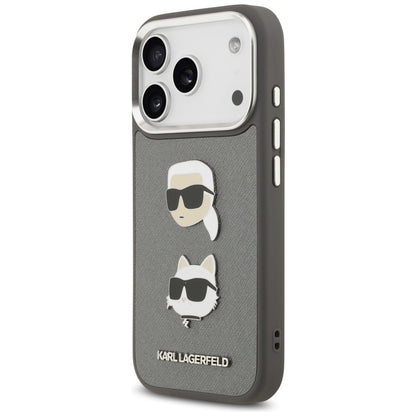 Puzdro pre Apple iPhone 17 Pro, Karl Lagerfeld, Grained Karl & Choupette's Heads Pins and Logo, Sivá