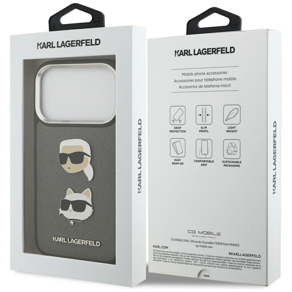 Puzdro pre Apple iPhone 17 Pro, Karl Lagerfeld, Grained Karl & Choupette's Heads Pins and Logo, Sivá