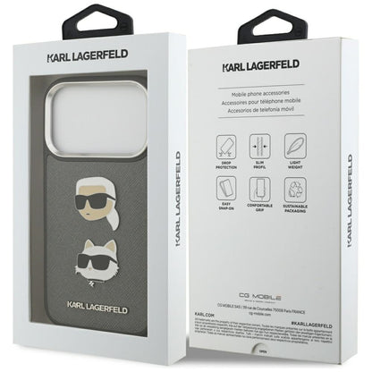 Puzdro pre Apple iPhone 17 Pro, Karl Lagerfeld, Grained Karl & Choupette's Heads Pins and Logo, Sivá