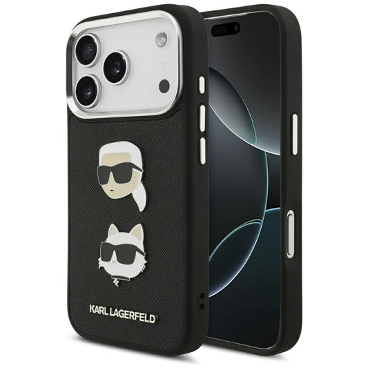 Puzdro pre Apple iPhone 17 Pro, Karl Lagerfeld, Grained Karl & Choupette's Heads Pins and Logo, Čierne