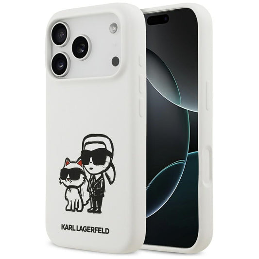 Puzdro pre Apple iPhone 17 Pro, Karl Lagerfeld, Sketch and Logo Karl & Choupette, Biela