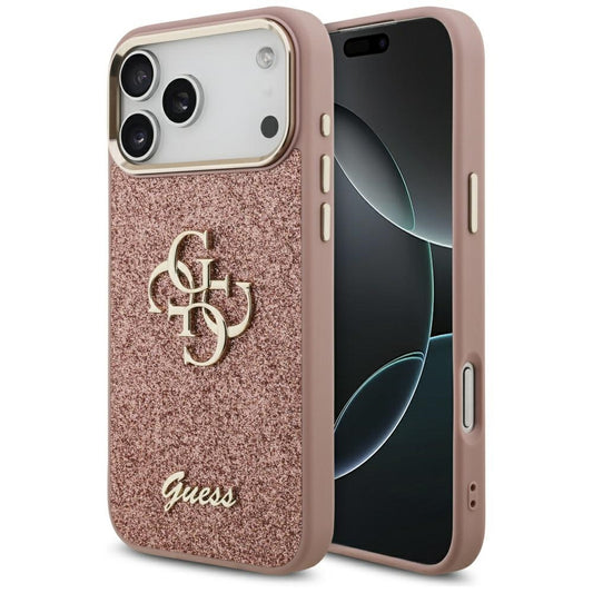 Puzdro pre Apple iPhone 17 Pro Max, Guess, Fixed Glitter Big 4G Metal Frame, Ružové