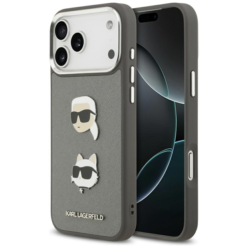 Puzdro pre Apple iPhone 17 Pro Max, Karl Lagerfeld, Grained Karl & Choupette's Heads Pins and Logo, Sivá