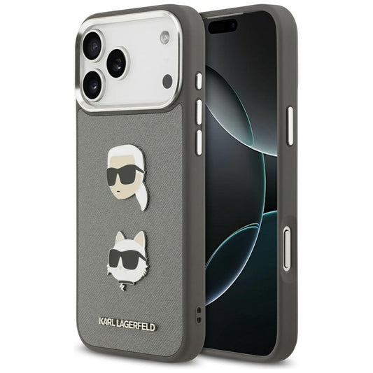 Puzdro pre Apple iPhone 17 Pro Max, Karl Lagerfeld, Grained Karl & Choupette's Heads Pins and Logo, Sivá