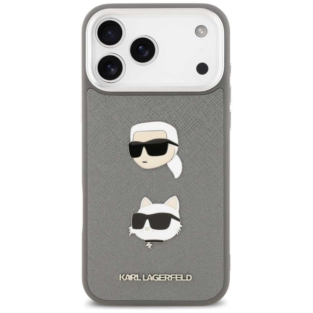 Puzdro pre Apple iPhone 17 Pro Max, Karl Lagerfeld, Grained Karl & Choupette's Heads Pins and Logo, Sivá