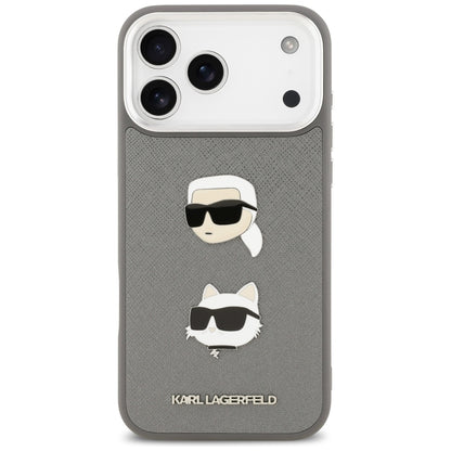 Puzdro pre Apple iPhone 17 Pro Max, Karl Lagerfeld, Grained Karl & Choupette's Heads Pins and Logo, Sivá