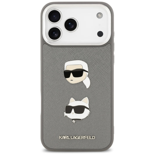 Puzdro pre Apple iPhone 17 Pro Max, Karl Lagerfeld, Grained Karl & Choupette's Heads Pins and Logo, Sivá