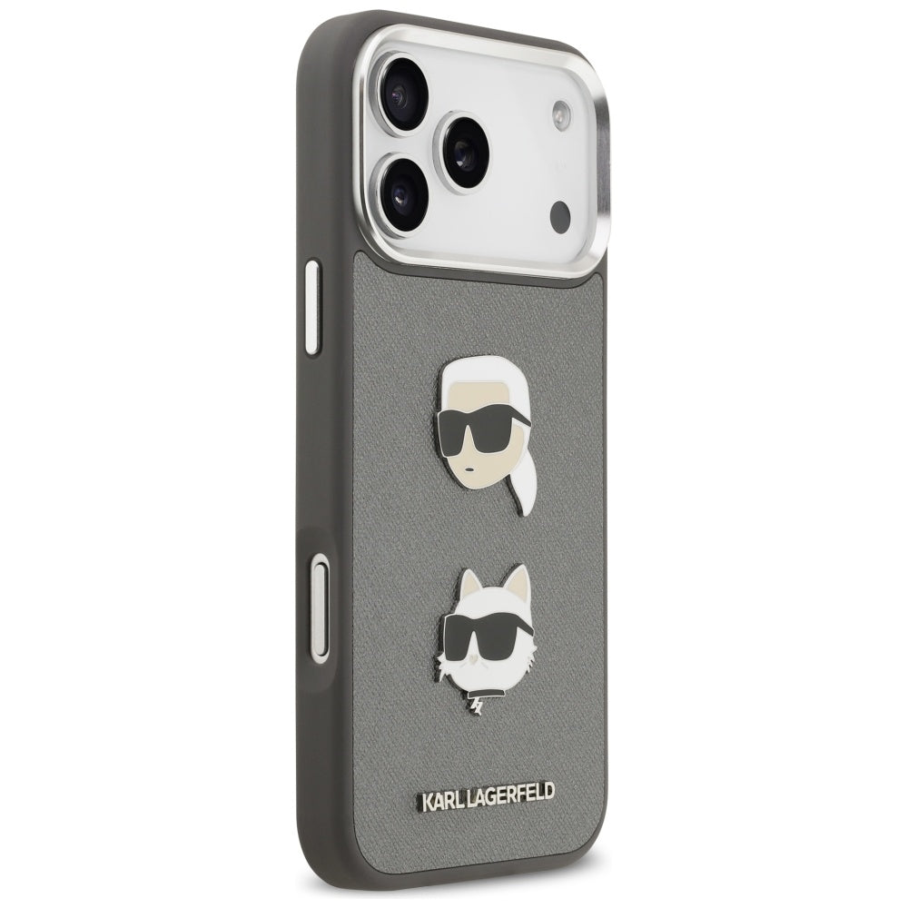 Puzdro pre Apple iPhone 17 Pro Max, Karl Lagerfeld, Grained Karl & Choupette's Heads Pins and Logo, Sivá