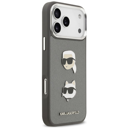 Puzdro pre Apple iPhone 17 Pro Max, Karl Lagerfeld, Grained Karl & Choupette's Heads Pins and Logo, Sivá
