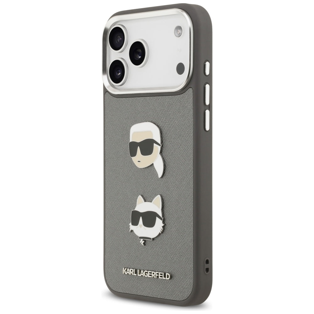 Puzdro pre Apple iPhone 17 Pro Max, Karl Lagerfeld, Grained Karl & Choupette's Heads Pins and Logo, Sivá